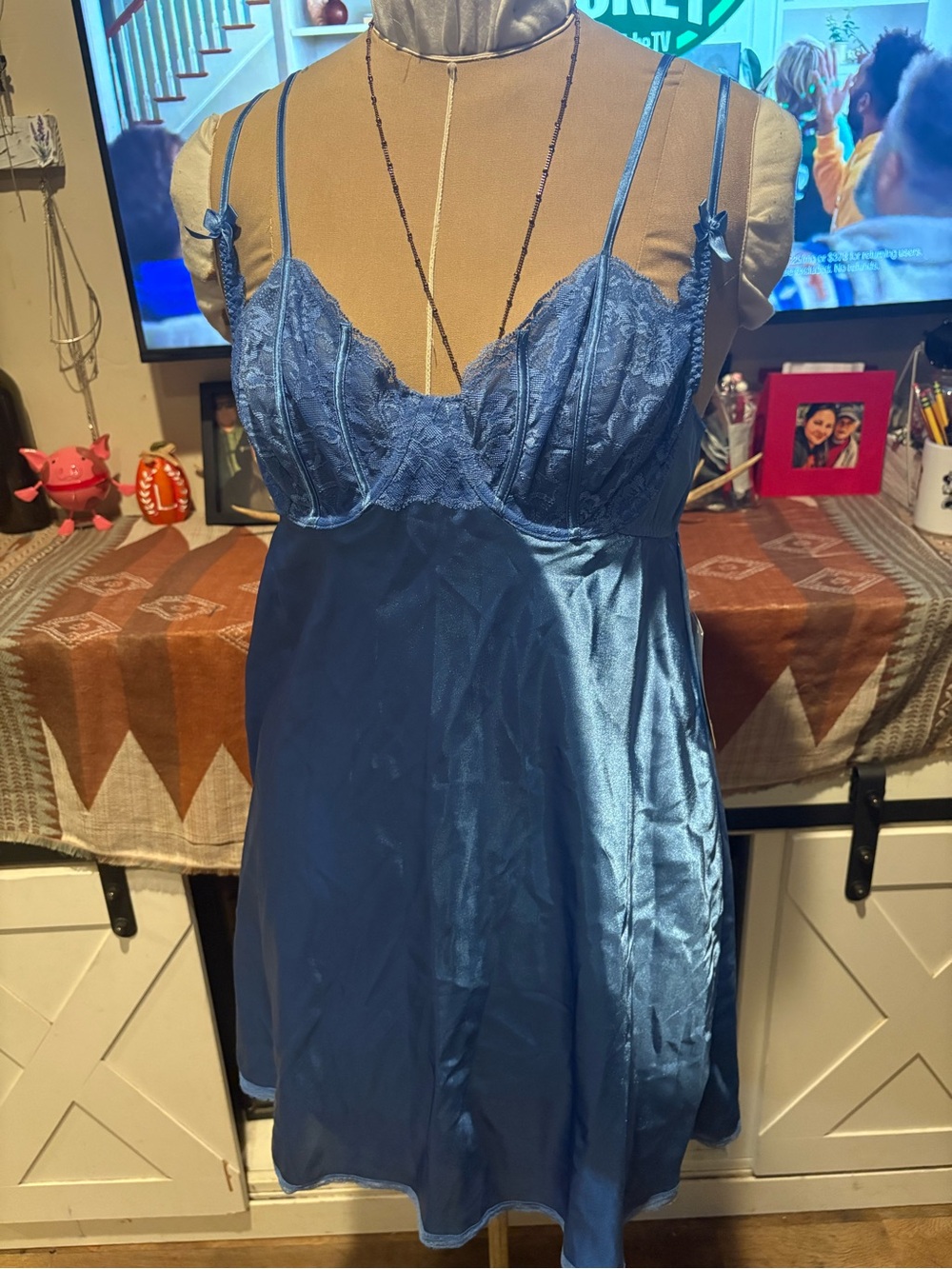 Morgan Taylor Satin Lace Chemise in Deep Blue